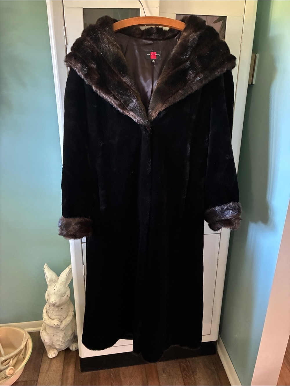 Gallery sz M Black Faux Fur Long Hooded Coat like new!